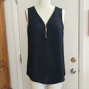 Black Sleeveless Blouse with Gold Zipper Neckline